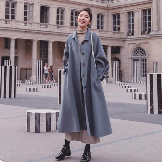 Hepburn Style Woolen Coat Women's Mid-length Korean Style Loose Woolen Coat Plus Cotton Thick Autumn and Winter Woolen Coat