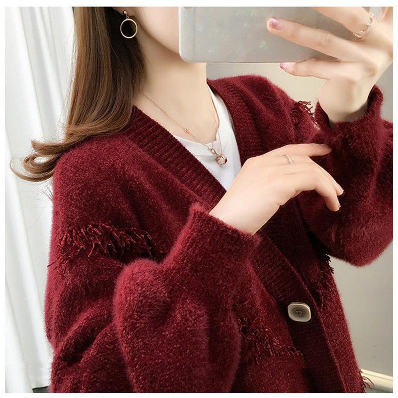 Mink Fleece Solid Color Sweater Coat Loose Knit Cardigan Top V-neck Long-sleeved Warm Sweater Coat Soft and Comfortable