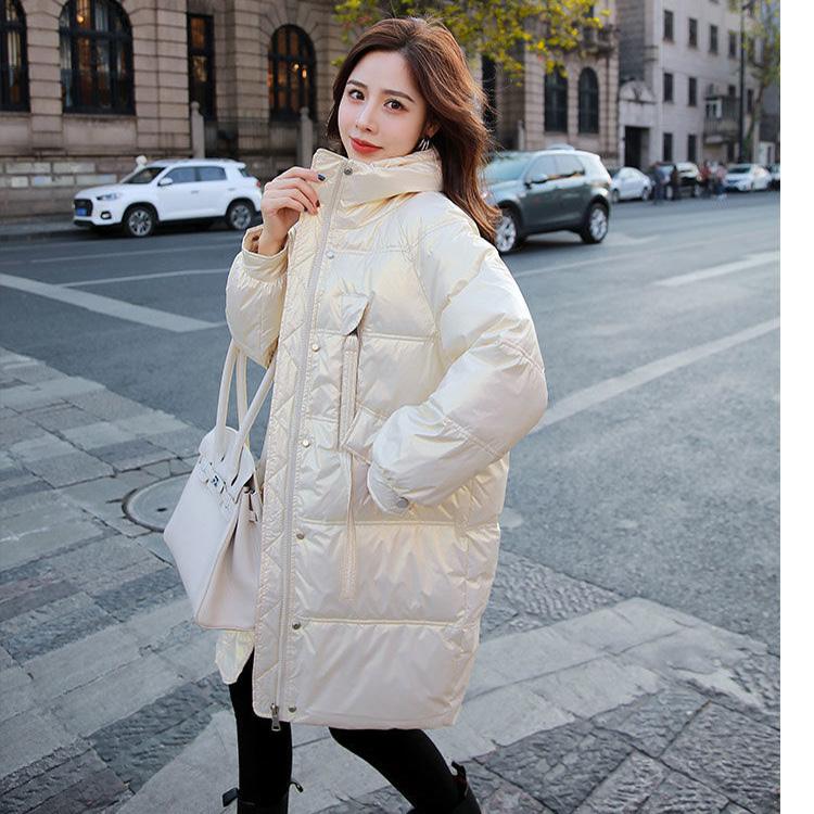 Winter Down Jacket Women's Mid-length Korean Version of The Shiny Loose Thick Temperament Lightweight White Duck Down Jacket