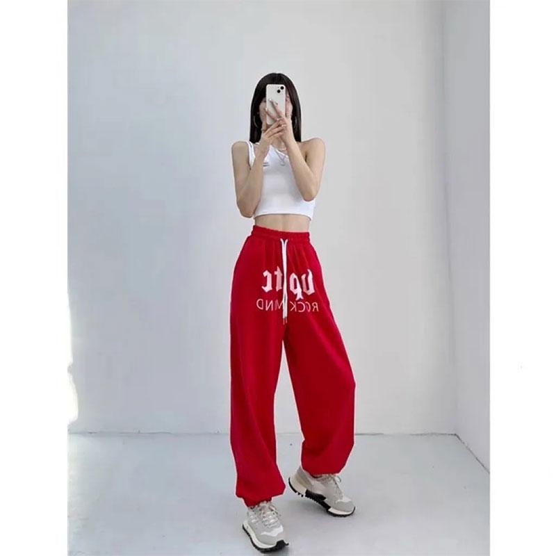 Women's High Waist Hip Hop Jazz Sports Pants Red Casual Leggings Hip-hop Alphabet Wide Leg Sweatpants