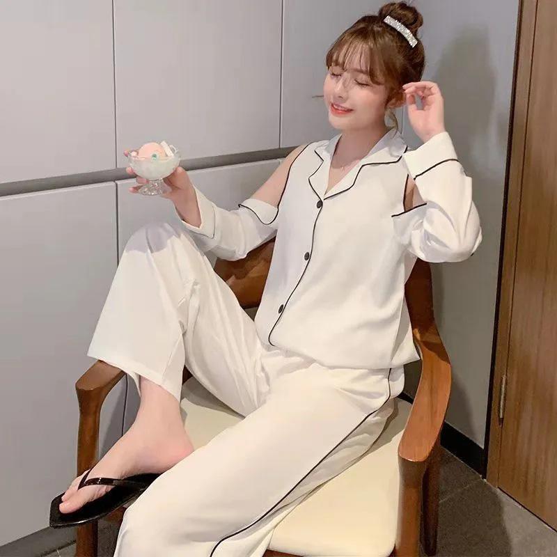 Women's  Ice Silk Sexy Off-the-shoulder Long-sleeved Pajamas Set Spring Thin Lapel Loose Home Wear Suits Solid Comfortable Sleeping Suit