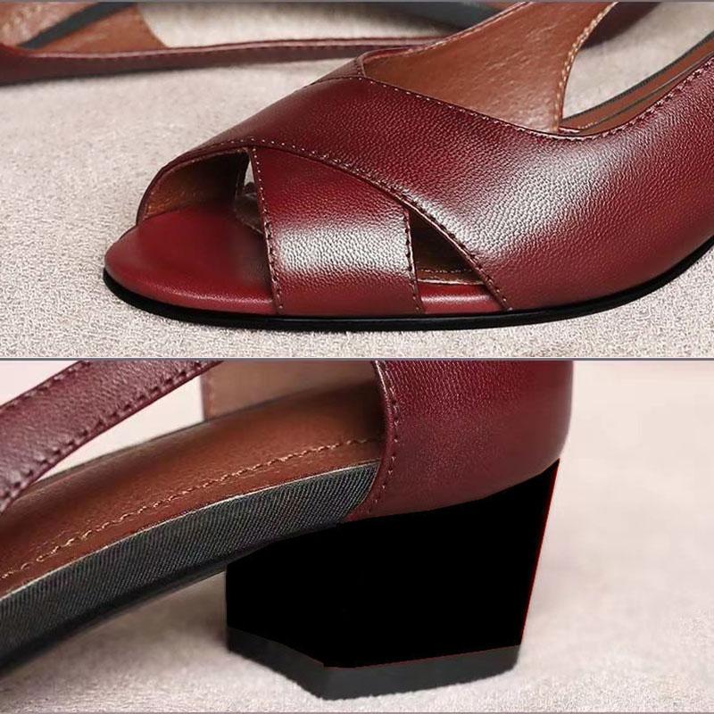 Soft Leather Sandals Women Fish Mouth Thick Heel Sandals Women's Fashion Hollow Roman Medium Heel Leather Shoes