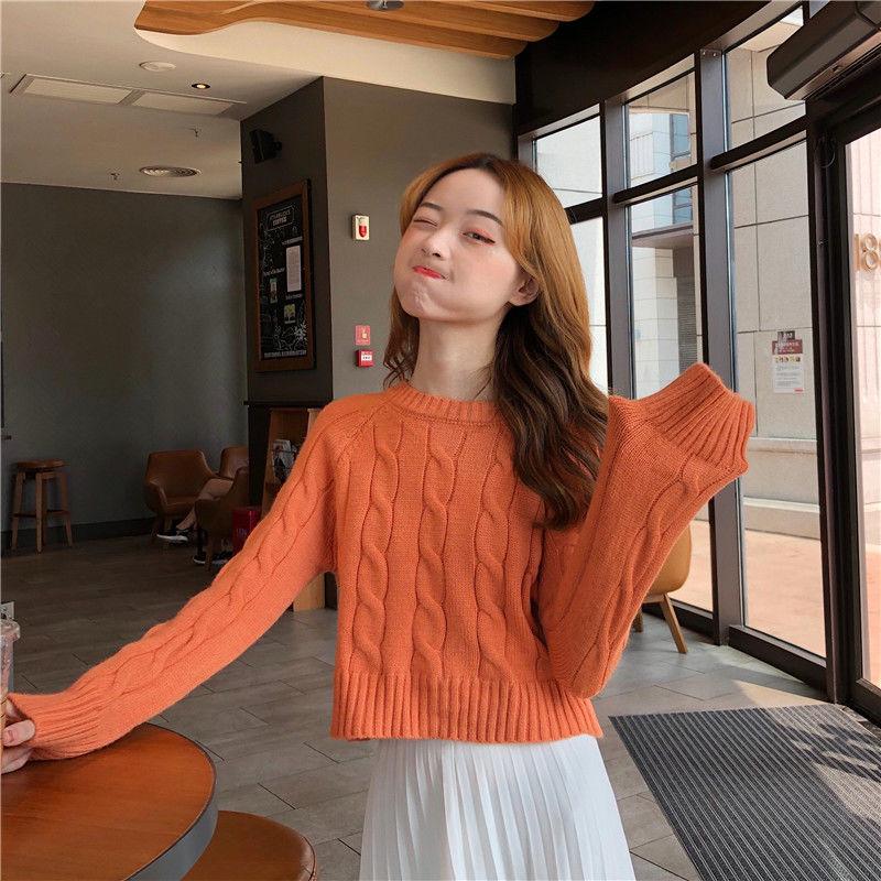 Spring and Autumn Loose Knitted Sweater Long Sleeve Pullover Casual Jacket Short Pure Color Women's Top
