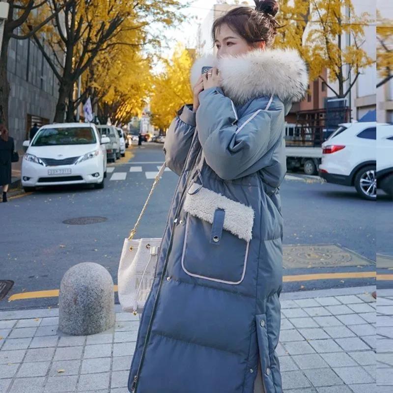 Down Jacket Winter Korean Fashion Big Fur Collar Mid-length Hooded Thick Warm Large Size Jacket Suitable for Women