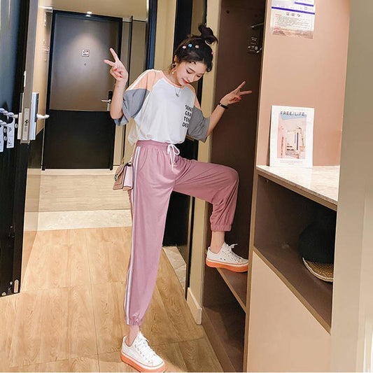 Loose Casual Suit Women's Summer Slimming Sportswear Lightweight Breathable Sweat-absorbent Two-piece Round Neck Short-sleeved T-shirt + Sports Pants