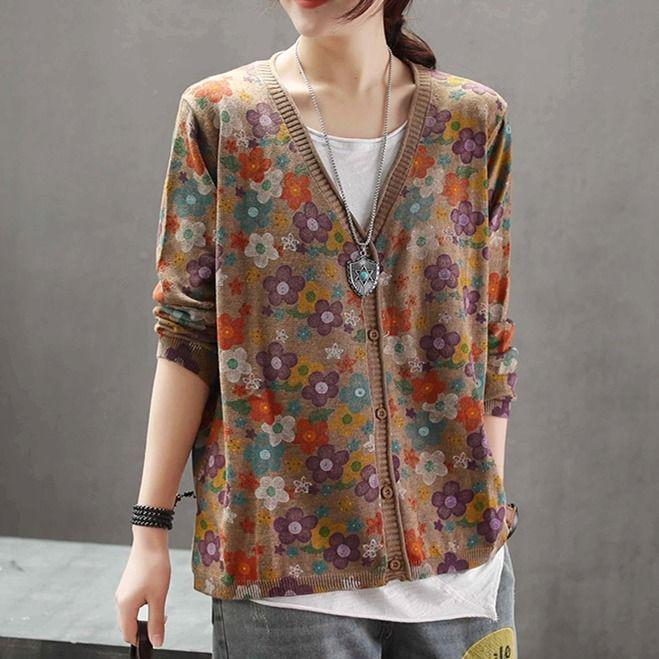 Spring Autumn Vintage  Printed Cardigan Sweater Women's Ethnic Style Knit Sweater Coat