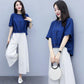 Cotton and Linen Large Size Loose Round Neck Short-sleeved Shirt Casual Wide-leg Pants Two-piece Fabric Lightweight Breathable Large Size Ladies Suit