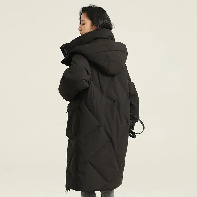 Winter Down Jacket Fashion Hooded Cotton Jacket Women's Mid-length Solid Color Plus Size Down Coat