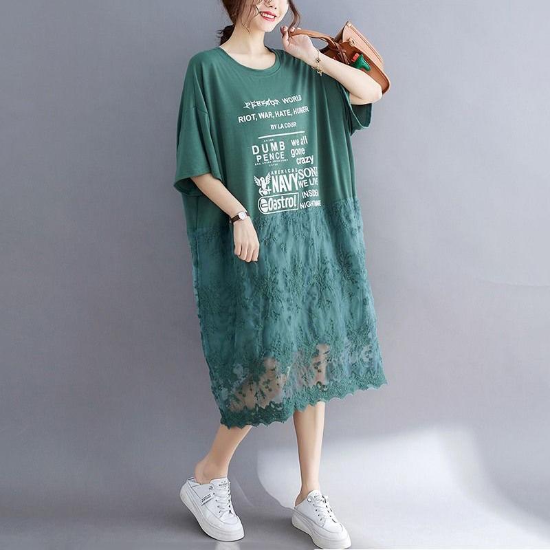 WTEMPO Plus Size Women Dress Summer Lace Round Neck Long Dress Casual Mid-calf Length