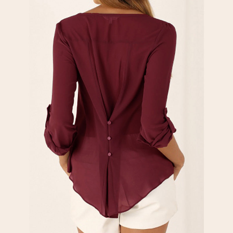 Elegant Chiffon Shirt Women Long-Sleeved V-neck Loose Large Blouses V Neck Tops Solid Color Shirts Woman Summer Clothing