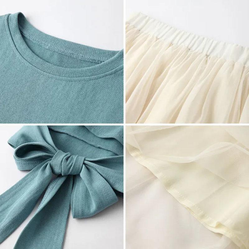 Two-piece Skirt Suit Summer Ladies Bow Tie Cotton Top T-shirt + Organza Chiffon Skirt Sexy Show Waist A-line Skirt Suit