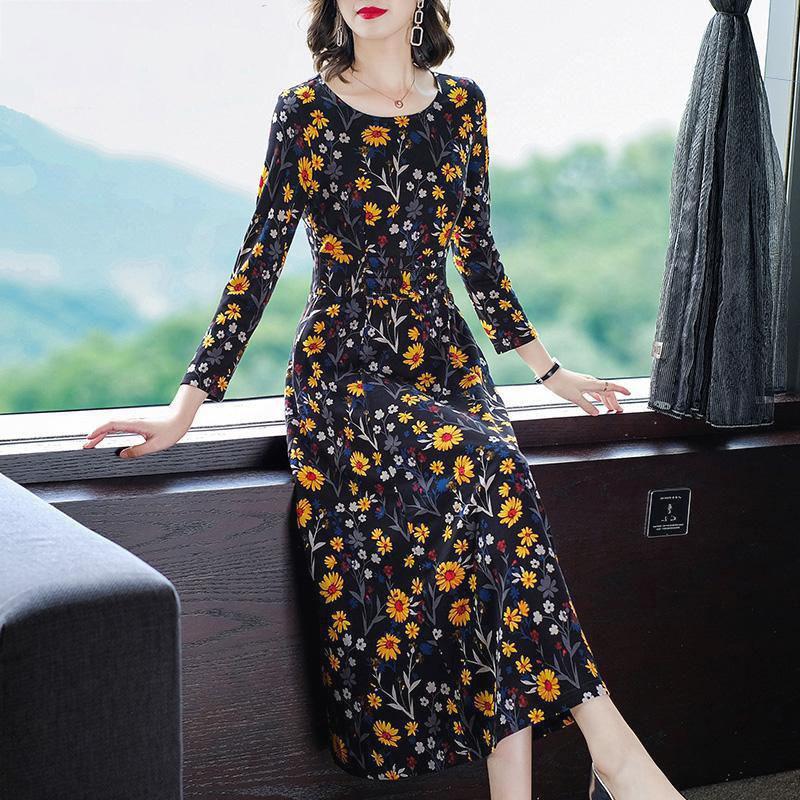 M-XXXXXL Plus Size Women Summer Printed Floral Over-the-knee Dress Round Neck Long Sleeve A-line Skirt