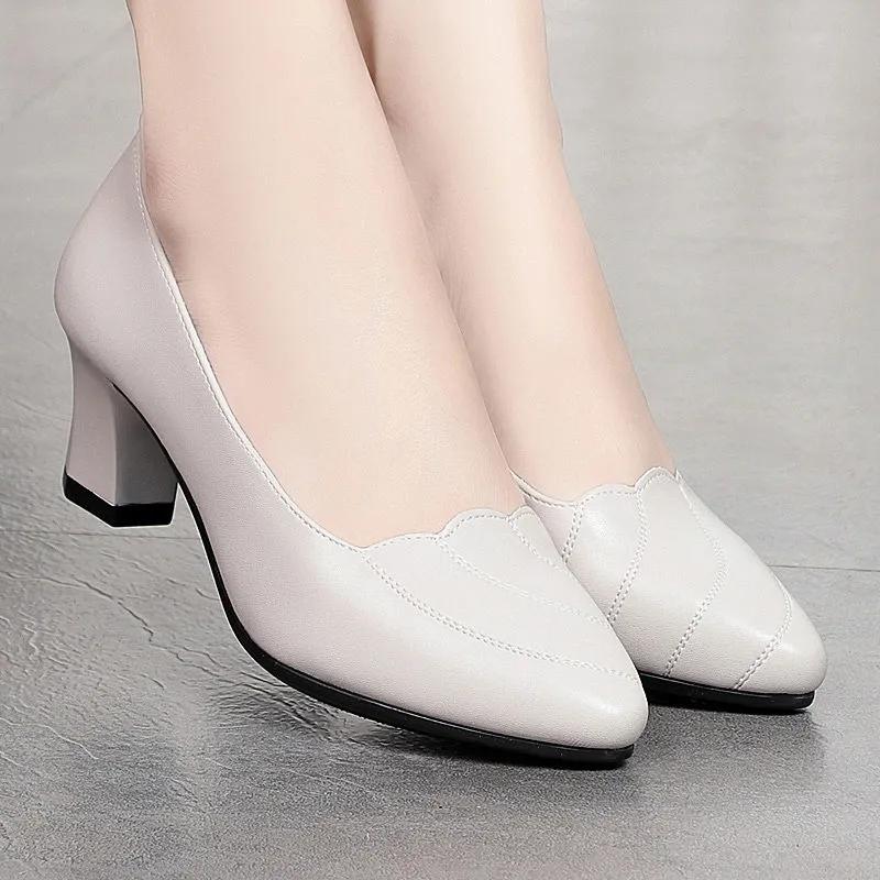 Women Mid Square Heel Shoes Pumps Black PU Office Lady Shoes Spring Non Slip Fashion Mother Oxford Shoes