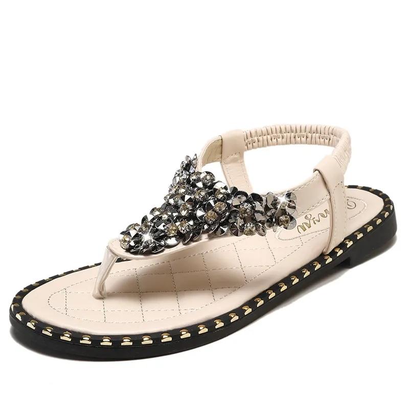 Women's Flat Flip-on Sandals Rhinestone One Word Buckle Beach Shoes Summer Non-slip Comfortable Wear-resistant Sandals