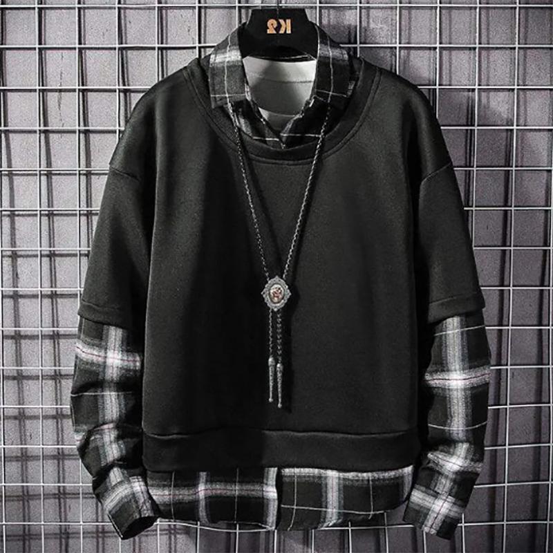 Men's Plaid Sweater Stitching Men's Long-sleeved Sweater Korean Version of The Trend of Loose Autumn Sweatshirts Men