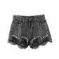WTEMPO Denim Shorts Women High Waist Summer Thin Section Was Thin Hole Trousers Beaded Lace Wide Leg Pants