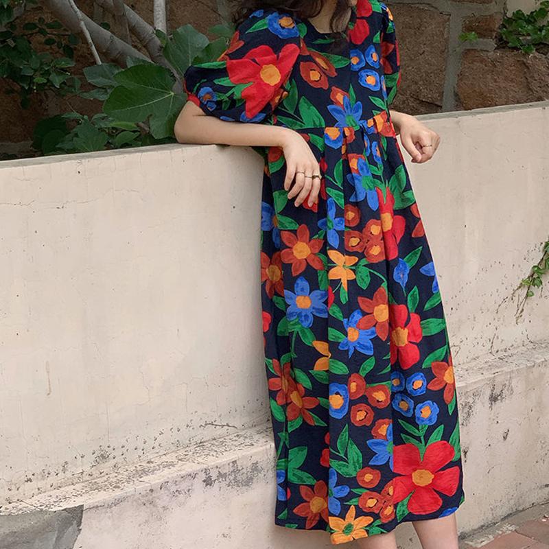 Cute Girl Puff Sleeve Dress Retro Print Long Loose Mid-length Skirt