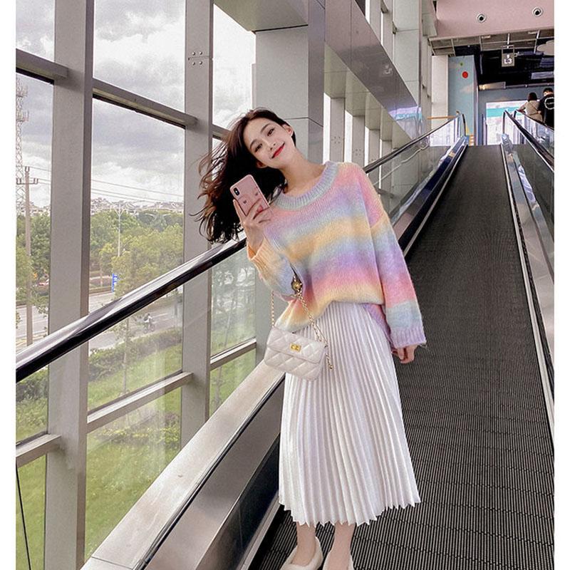 Japanese Color Sweater Women Loose Casual Pullover Rainbow Stripe Schoolgirl Knit Sweater