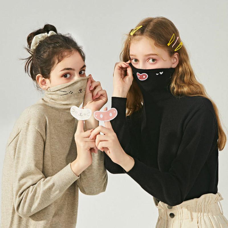 Cute Emoji Sweater Embroidery Female Pile Pile Sweater Solid Color Autumn and Winter