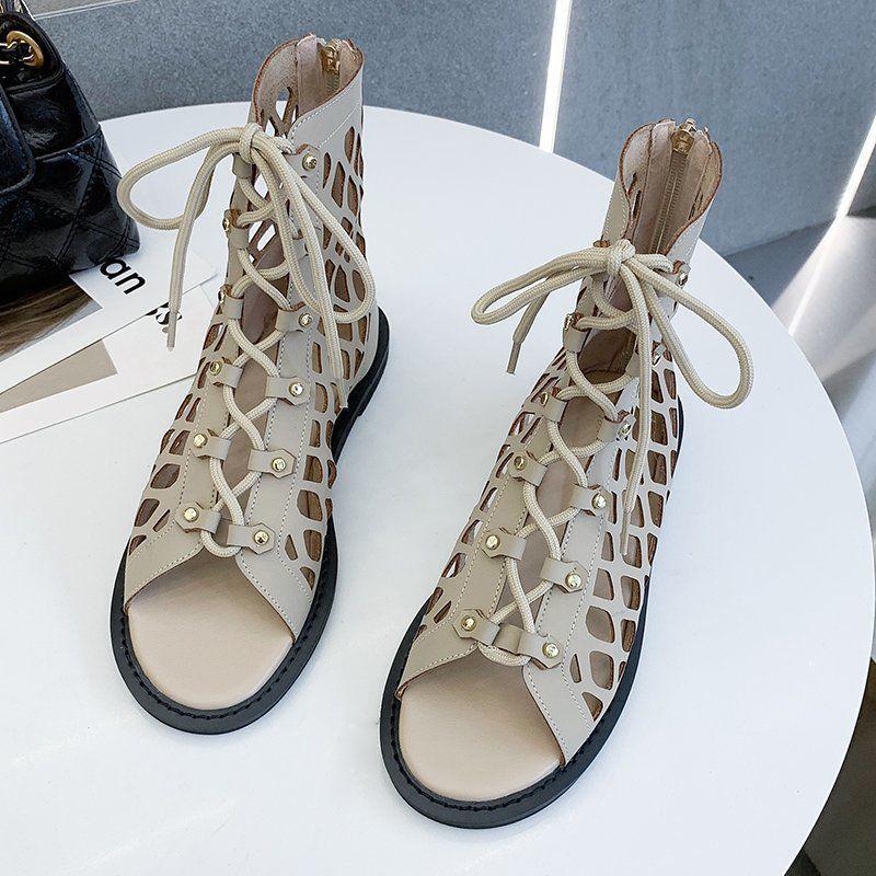 Bohemian Style Sandals Summer Cross Straps Hollowed Out Retro Vacation Roman Flat Sandals Women