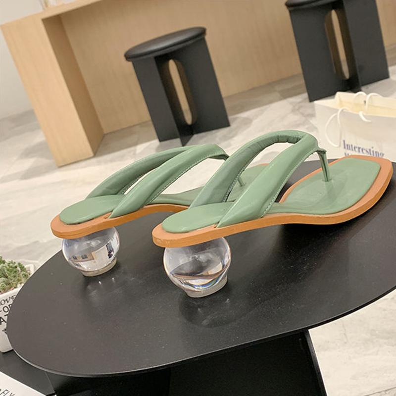 Square-toed Sandals and Slippers Women's Summer Outer Wear Transparent Crystal Medium Thick-heeled Flip-flops Ladies Temperament Sandals and Slippers