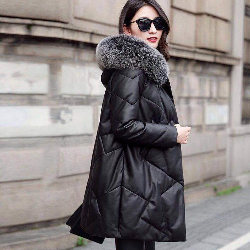 Winter Mid-length PU Leather Leather Coat Imitation Fox Fur Collar Loose Thick Fur Fashion Hooded Down Cotton Leather Coat for Women