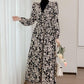 Women's Spring and Autumn Long Sleeve A-Line  Print Floral Dresses Mid-Calf V-Neck High Waist Mid-length Skirt