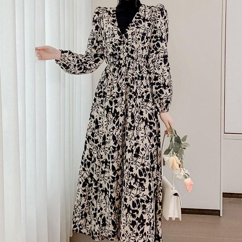 Women's Spring and Autumn Long Sleeve A-Line  Print Floral Dresses Mid-Calf V-Neck High Waist Mid-length Skirt