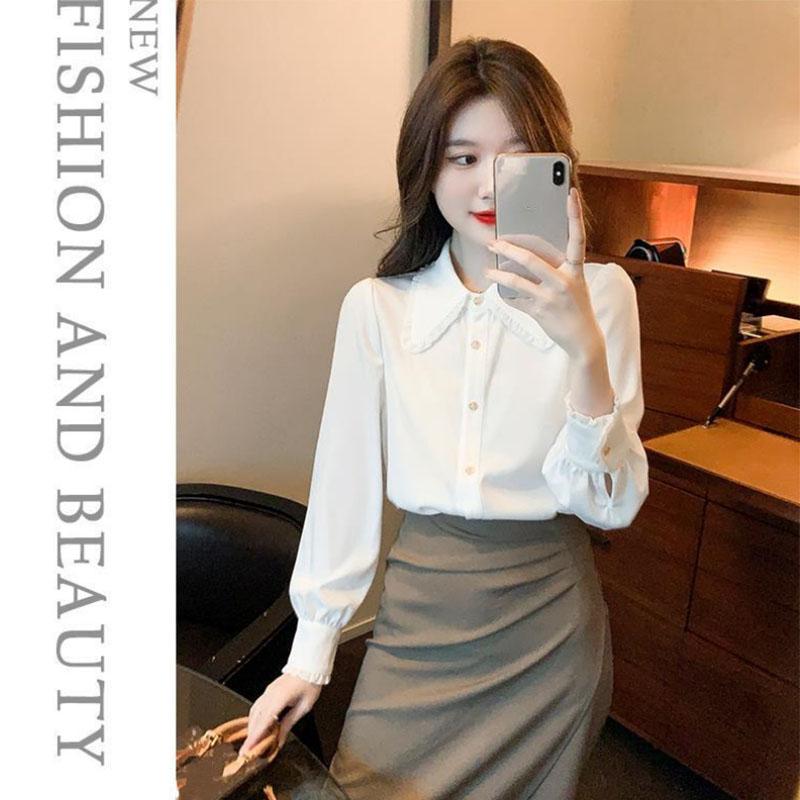 Ladies Lapel Bow Neckline White Shirt Loose Commuter Versatile Top Temperament