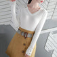 Thin V-neck Sweater Women's Autumn and Winter Long-sleeved Buttons and Wooden Ears Knitted Bottoming Shirt with Temperament Blouse Women