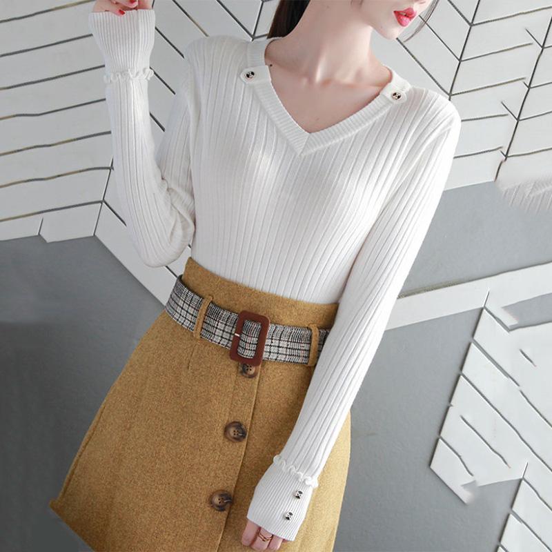 Thin V-neck Sweater Women's Autumn and Winter Long-sleeved Buttons and Wooden Ears Knitted Bottoming Shirt with Temperament Blouse Women