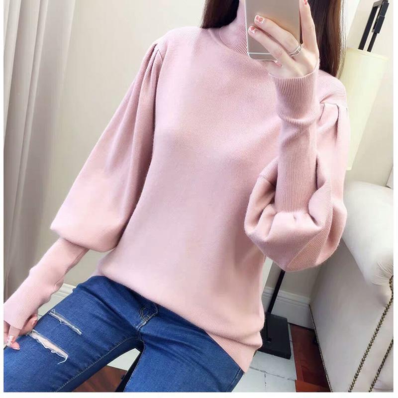Core-spun High-neck Slim-fit Sweater Women Autumn and Winter Lantern Sleeve Knit Top Fashion Loose Bottoming Shirt Tide