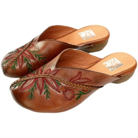 Leather Embroidered Flower Baotou Sandals Middle Heel Leather Retro Outer Wear Half Slippers Summer