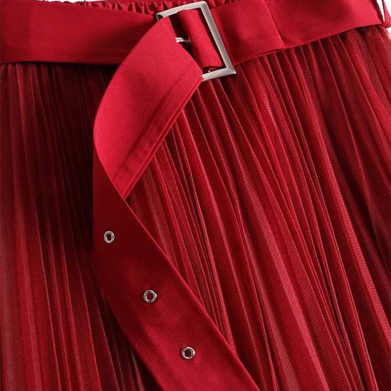 Half-length Skirt with Belt Female Autumn and Winter Mid-length A-line Pleated Skirt Fairy Mesh Drape Skirt
