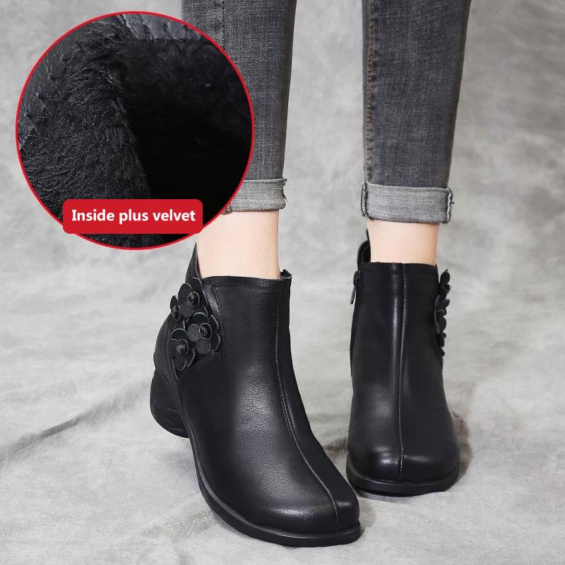 Women's Autumn and Winter Cowhide Plus Cashmere Martin Boots Waterproof Non-slip High Heels Out High Heel Ankle Boots Soft Mother Shoes