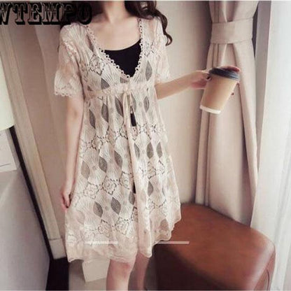 Summer Slim Dress Large Size Women's Fat Woman Lace Hollow Out Sexy Women Lace 2 Piece Beach Dress