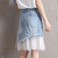 Women Summer Denim Stitching Mesh Tassel Irregular Short Skirt Vintage Slim Elegant Streetwear A-line Casual Skirt
