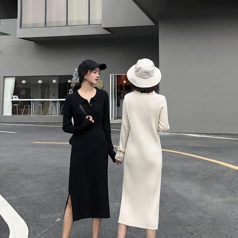 Autumn Mid-length Over-the-knee Bottoming Skirt Sweater Women's Pullover Polo Collar Loose and Thin Knitted Split Dress