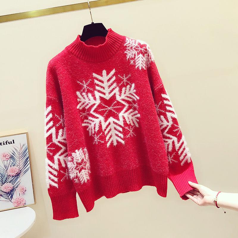 Autumn and Winter Sweater Set Women Snowflake Print Sweater and Mohair Bodycon Skirt Two-piece Set Ladies Christmas Sweater Set