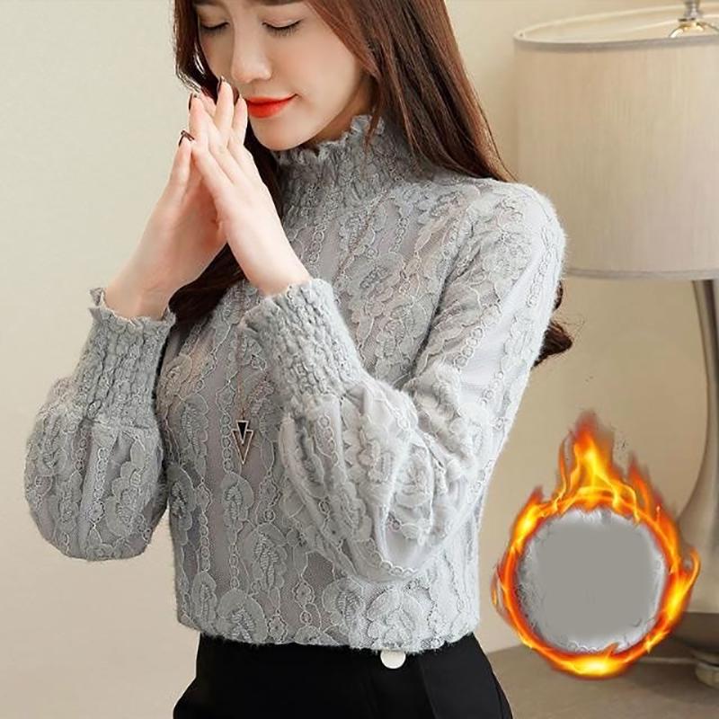 Genuine Fashion Trend Lace Bottoming Shirt Autumn and Winter Plus Velvet Thickening Warm High Neck Long Sleeve Women Sweater