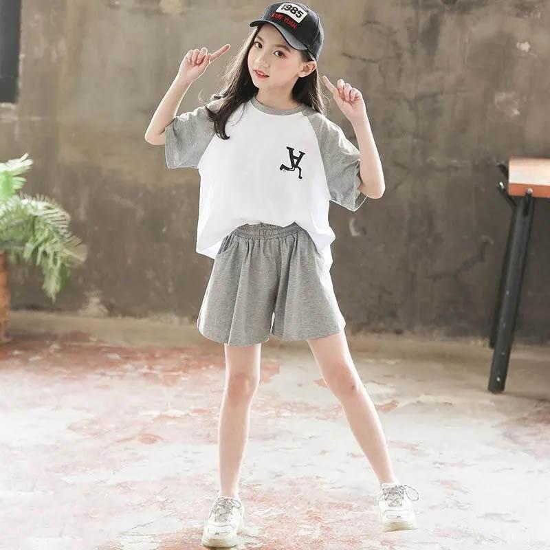 Girls Summer Suits Contrast Color Fashion Children's Clothing Loose and Comfortable Breathable Casual Short-sleeved + Shorts Two-piece Set