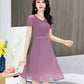 Pure Color Chiffon Dress Women's Spring Summer Short-sleeved V-neck Slim Mid-length Dress