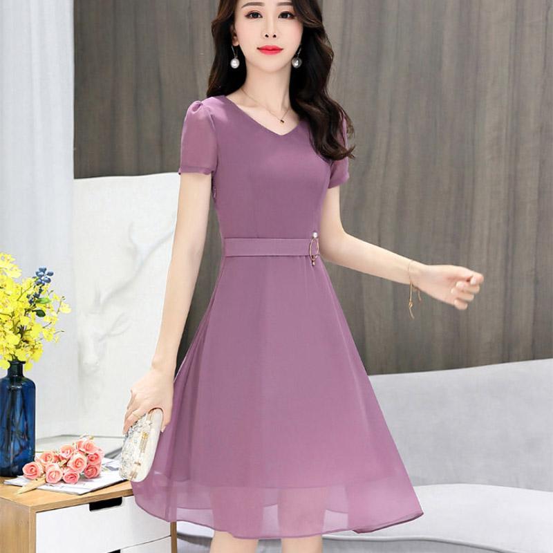 Pure Color Chiffon Dress Women's Spring Summer Short-sleeved V-neck Slim Mid-length Dress