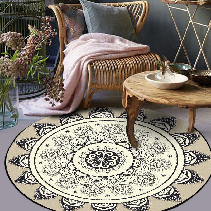 Round Carpet Ethnic Style Mandala Geometric Lotus Pattern Round Living Room Carpet Bedroom Non-slip Floor Mat Carpet