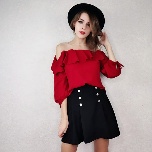 2pcs/set Plus Size Skirt Set Women Sexy Off-shoulder Blouse + A-line Short Skirt Two-piece Suit Autumn Two-piece Suit Outfits