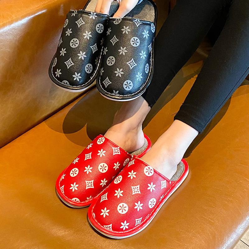 PU Waterproof Slippers Women Men Winter Plush Keep Warm Flat Home Shoes Woman Soft Comfort Female Shoes Sewing Interior Slipper