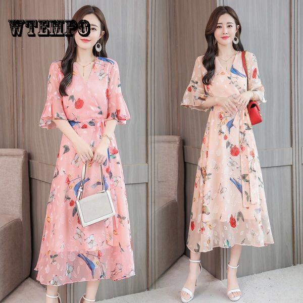 WTEMPO 2019 Boho Women V-neck Floral Print Party Dress Summer Ruffle Sleeveless Long Dress Sexy
