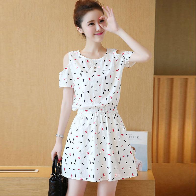 Cotton Short Off-shoulder Dress Floral Waist Slimming Dress Ladies Off-shoulder Dress Cotton Fabric Sweat-absorbent and Breathable