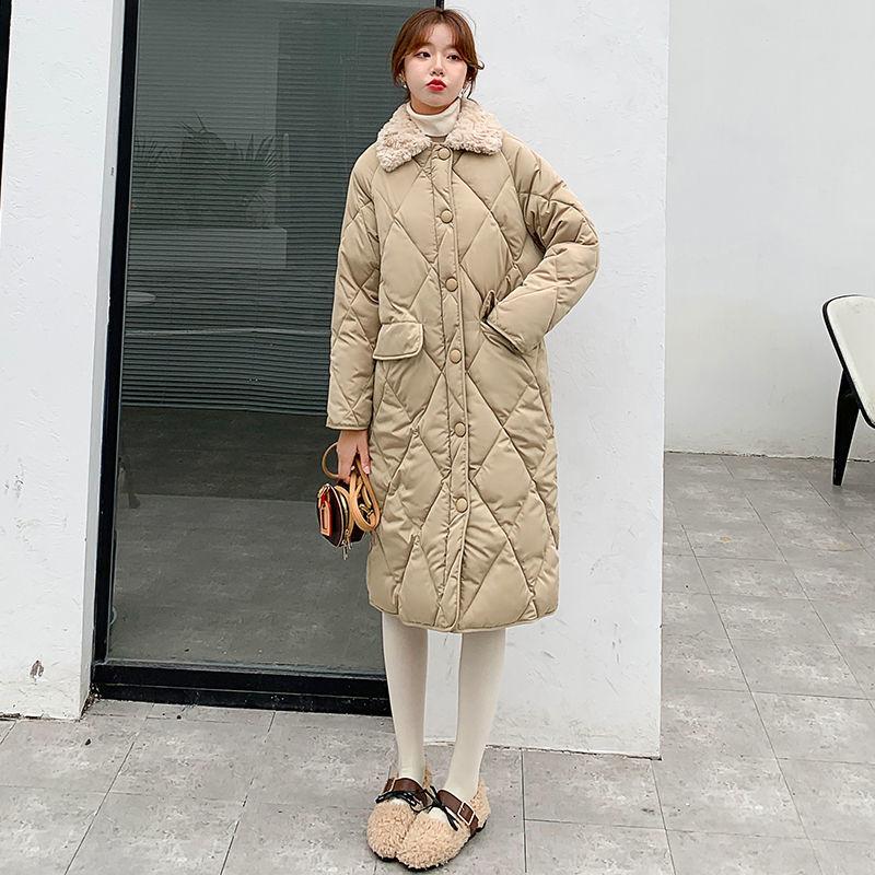 Lingge Lamb Fur Collar Cotton Jacket Women Winter Loose Mid-length Large Size Cotton Jacket Jacket Winter Thick Warmth Without Hood Cotton Jacket