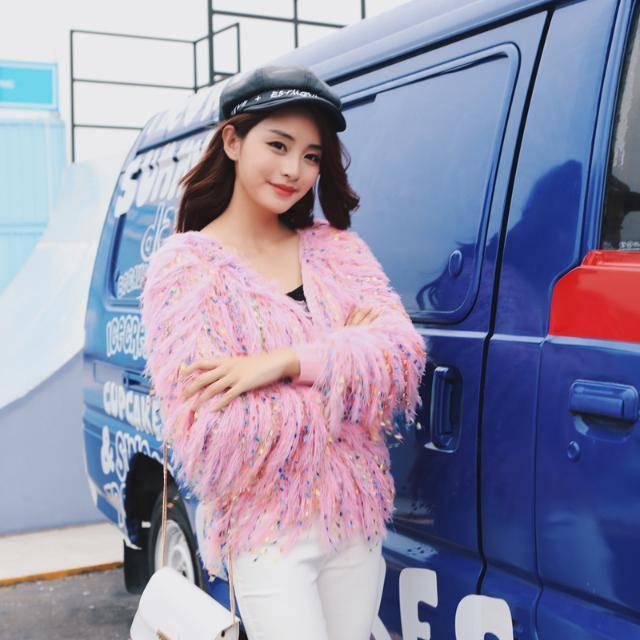 Pofulove 8 Colors Women Fuzzy Tassel Cardigan Knitwear Skin-friendly Sweater Chic Knitting Top